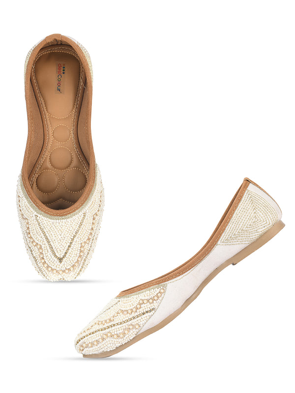 Desi Colour Women Indian Ethnic Footwear-White Silver Pearl