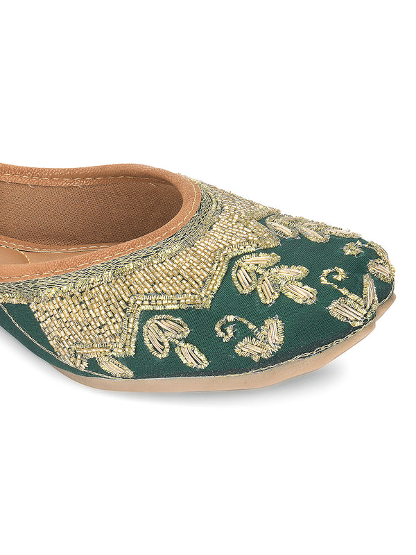 Desi Colour Women Indian Ethnic Footwear-Party Wear Green Dabka Work