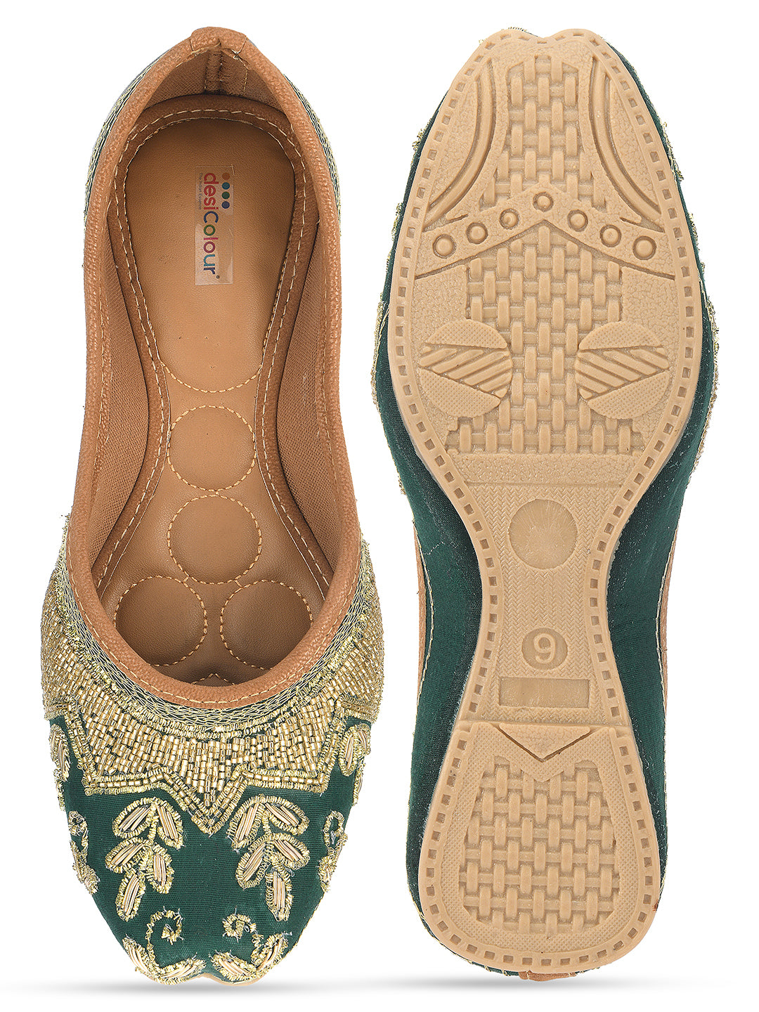 Desi Colour Women Indian Ethnic Footwear-Party Wear Green Dabka Work