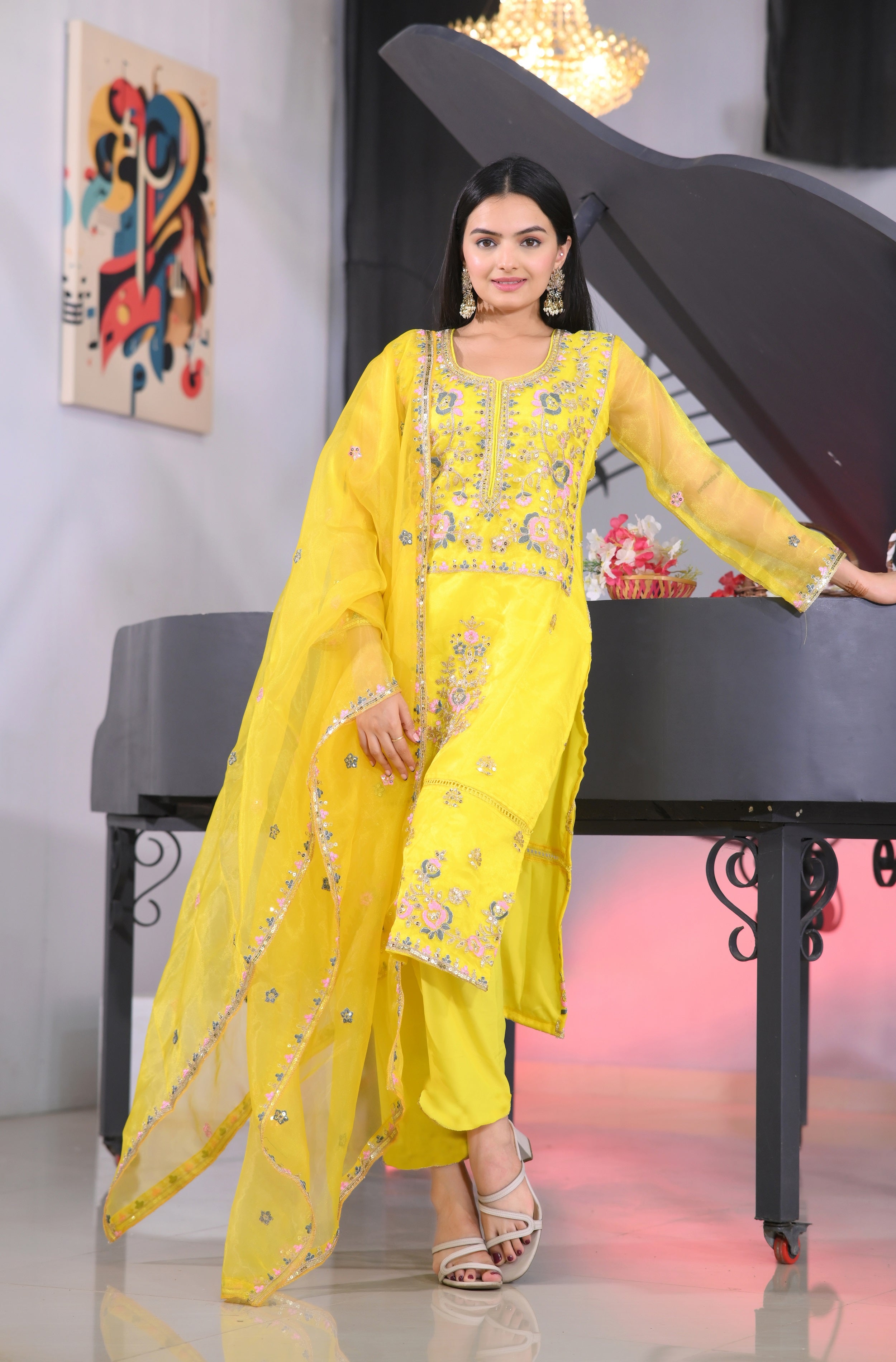 Teeya Creation Lemon Yellow Color Organza Silk Heavy Embroidery Work Fully Stitched Salwar Suit - Distacart