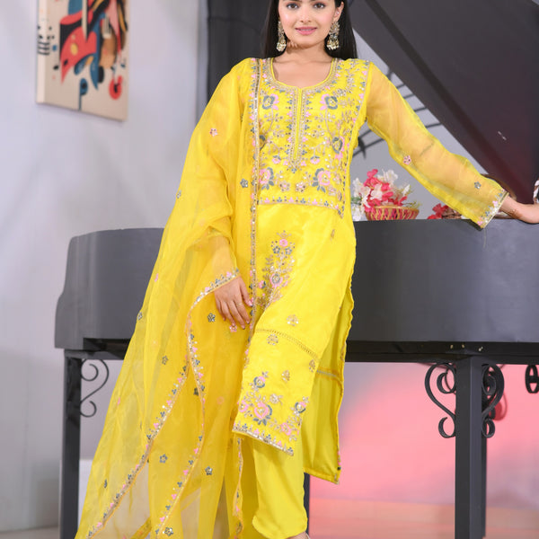 Teeya Creation Lemon Yellow Color Organza Silk Heavy Embroidery Work Fully Stitched Salwar Suit - Distacart