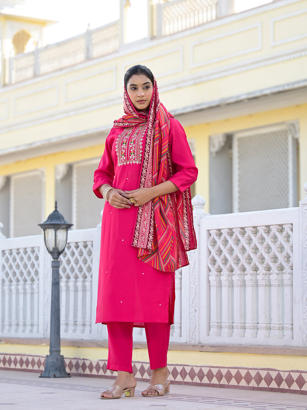 Varanga Women Round Neck Gotta Patti Embroidered Kurta Paired With Bottom And Printed Dupatta - Distacart