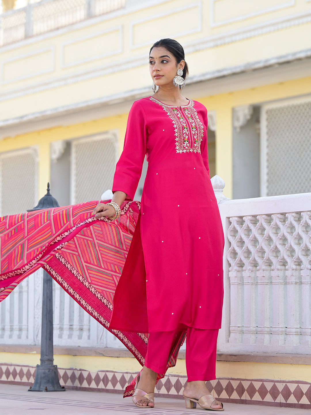 Varanga Women Round Neck Gotta Patti Embroidered Kurta Paired With Bottom And Printed Dupatta - Distacart