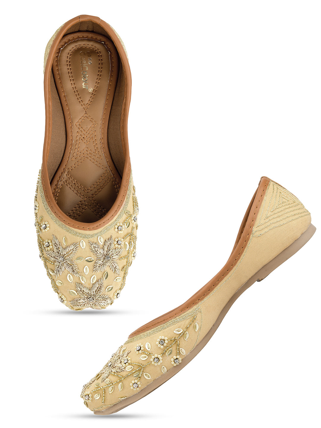Desi Colour Women Indian Ethnic Footwear-Gold Dabka Flower - Distacart