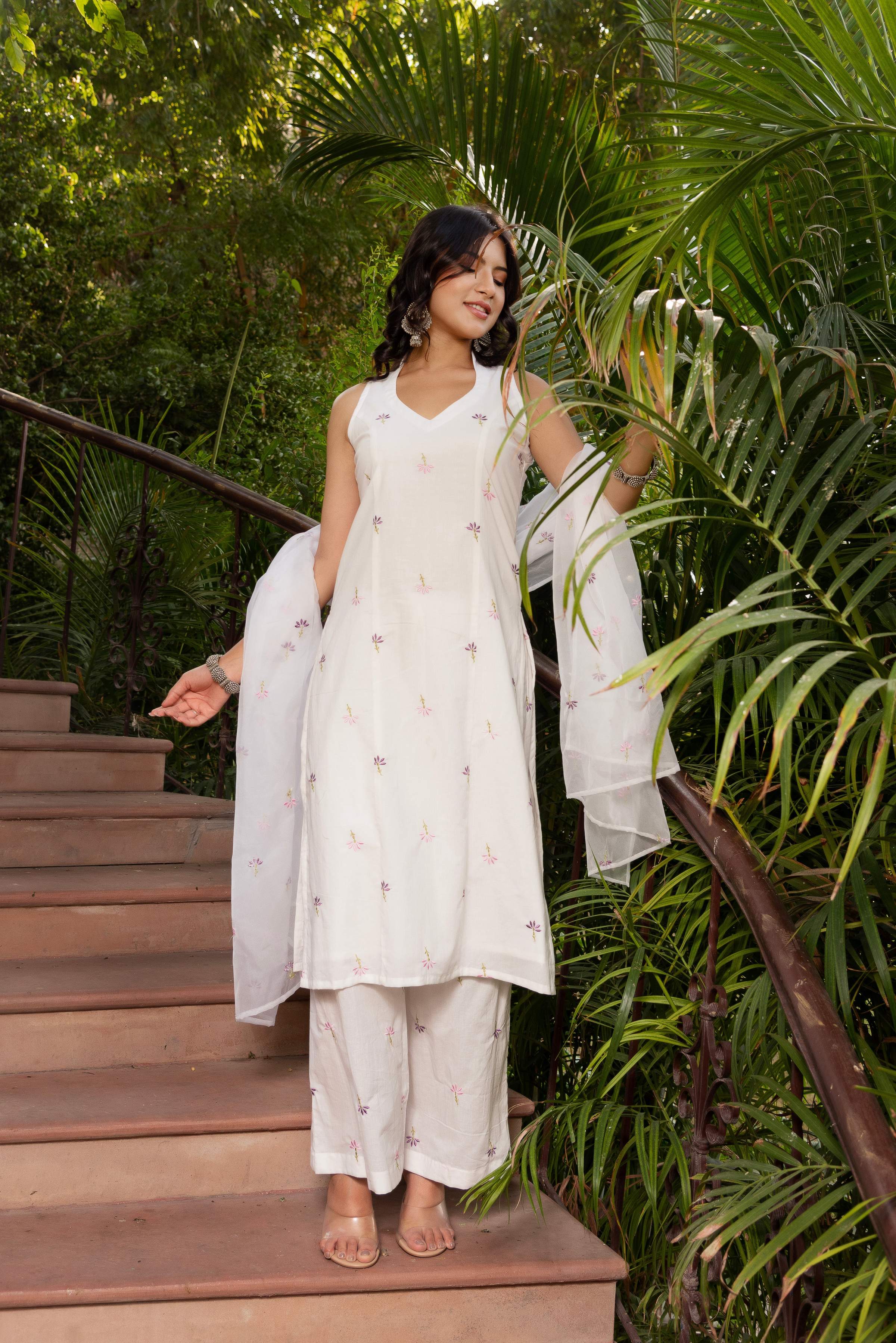 Pomcha Jaipur Gaurangi White Embroidery Cotton Suit Set