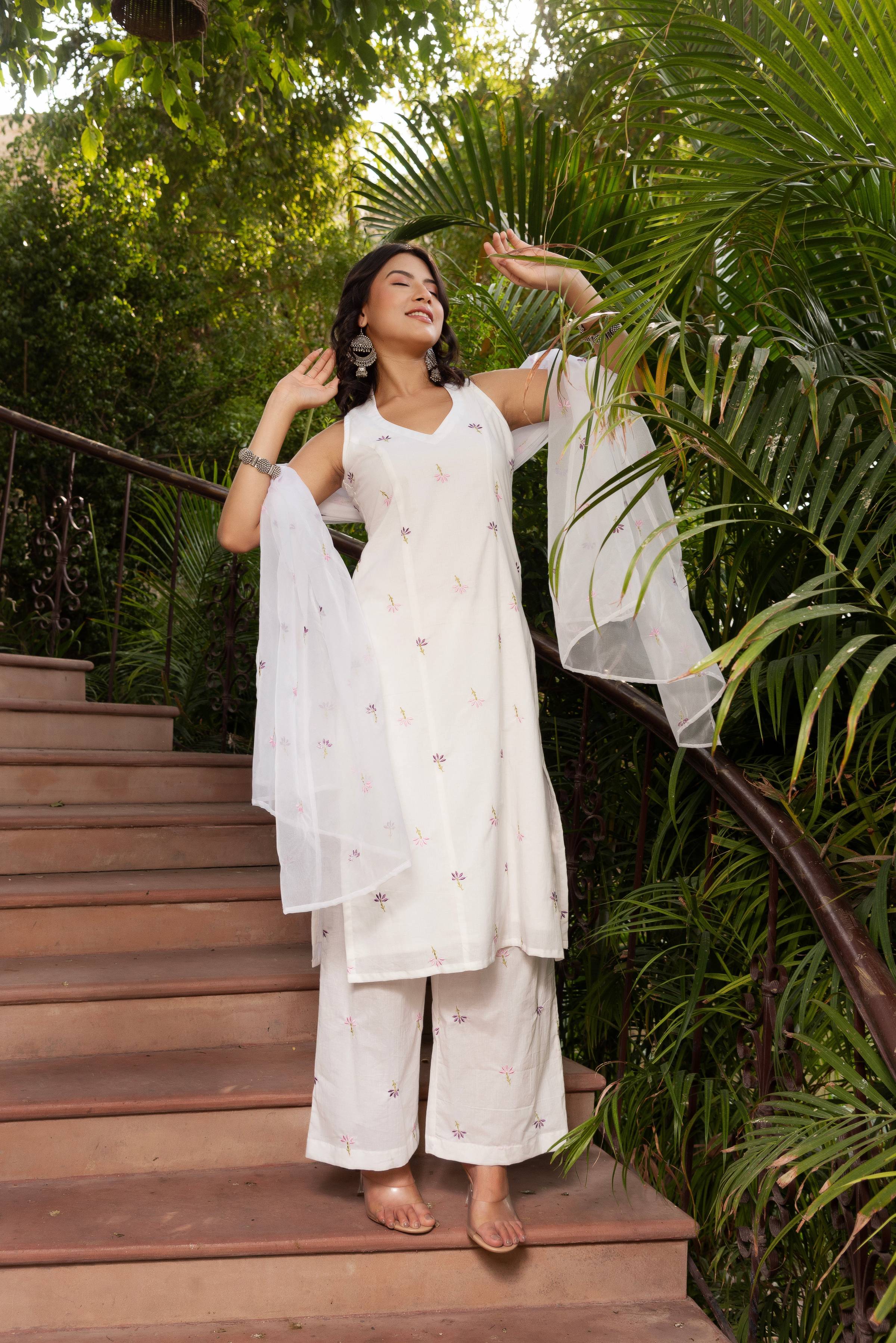 Pomcha Jaipur Gaurangi White Embroidery Cotton Suit Set - Distacart