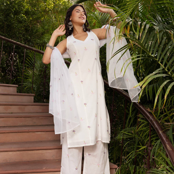 Pomcha Jaipur Gaurangi White Embroidery Cotton Suit Set - Distacart