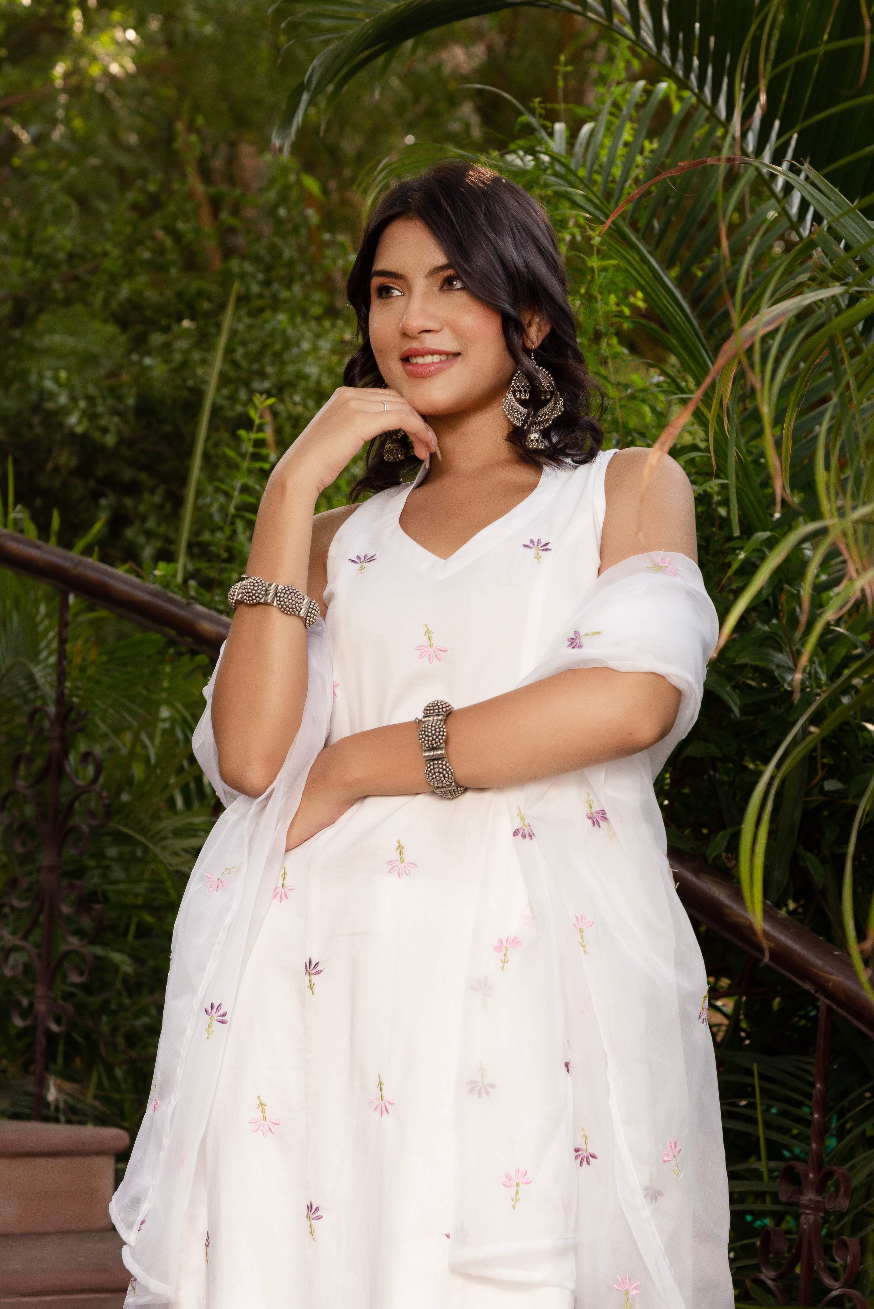 Pomcha Jaipur Gaurangi White Embroidery Cotton Suit Set
