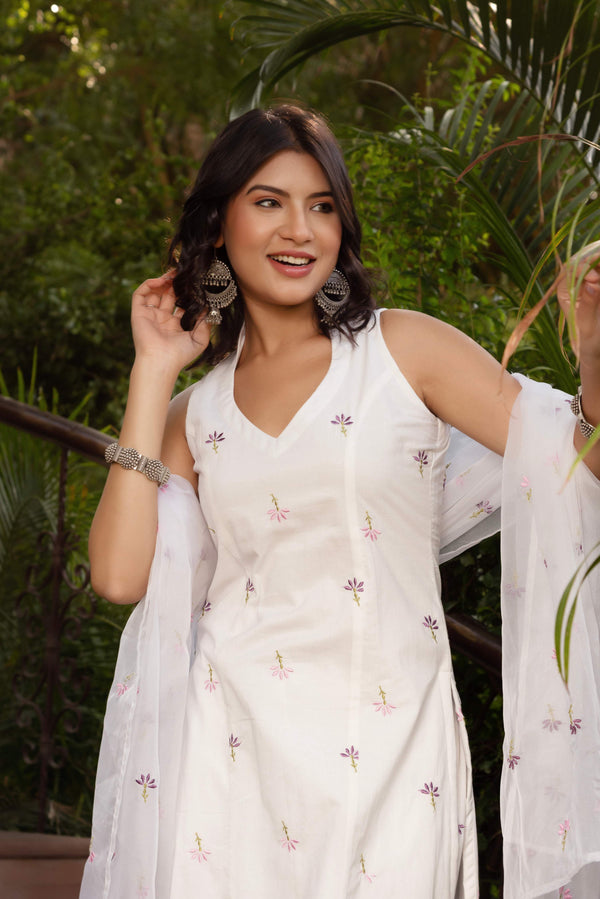 Pomcha Jaipur Gaurangi White Embroidery Cotton Suit Set