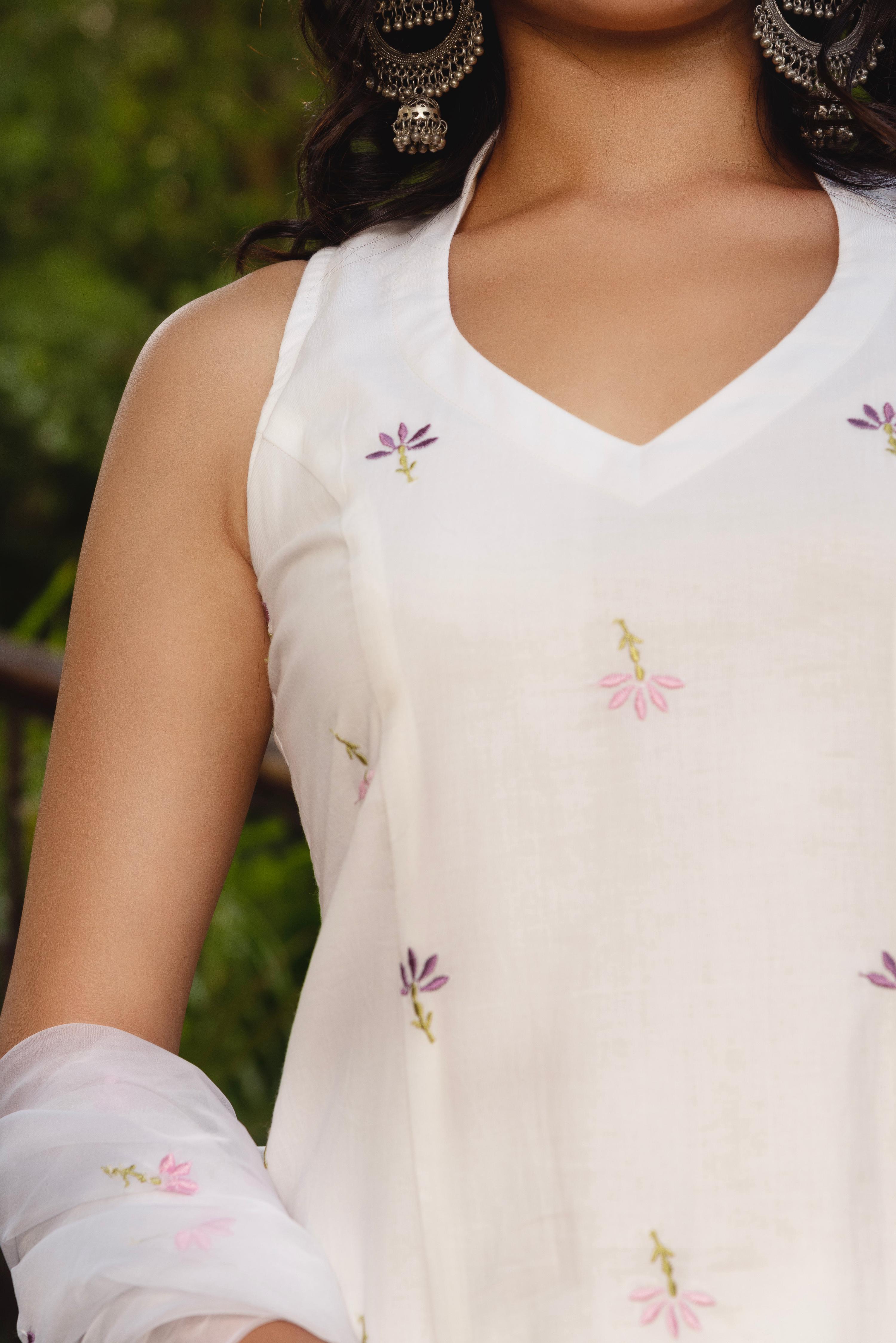 Pomcha Jaipur Gaurangi White Embroidery Cotton Suit Set