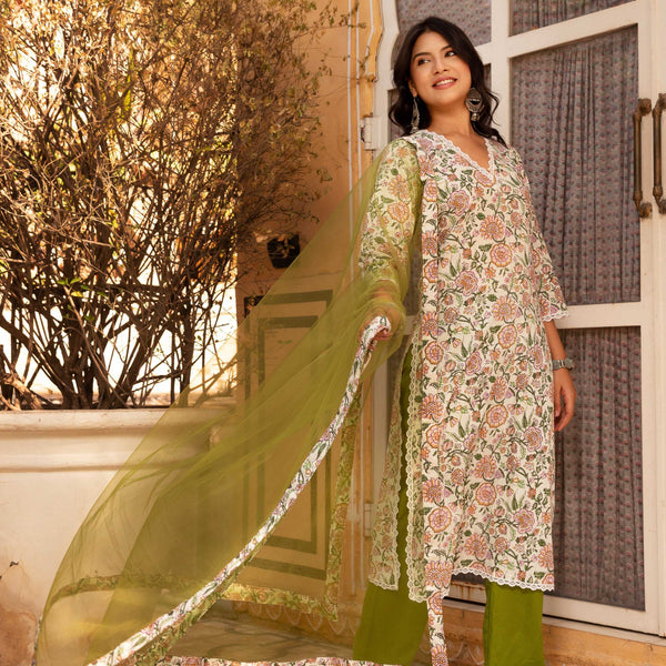 Pomcha Jaipur Gaurangi Floral Print Cotton Green Suit Set - Distacart