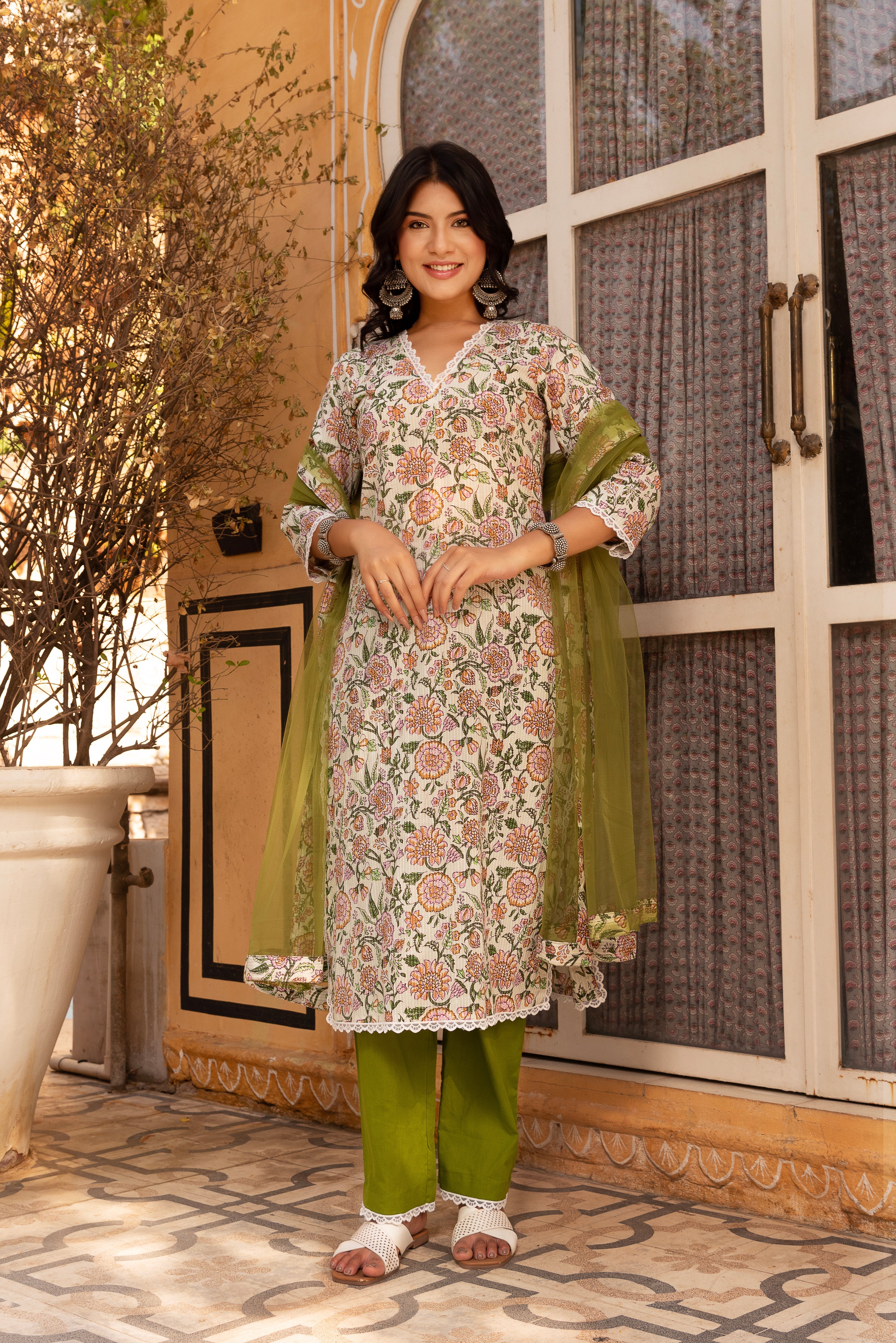 Pomcha Jaipur Gaurangi Floral Print Cotton Green Suit Set