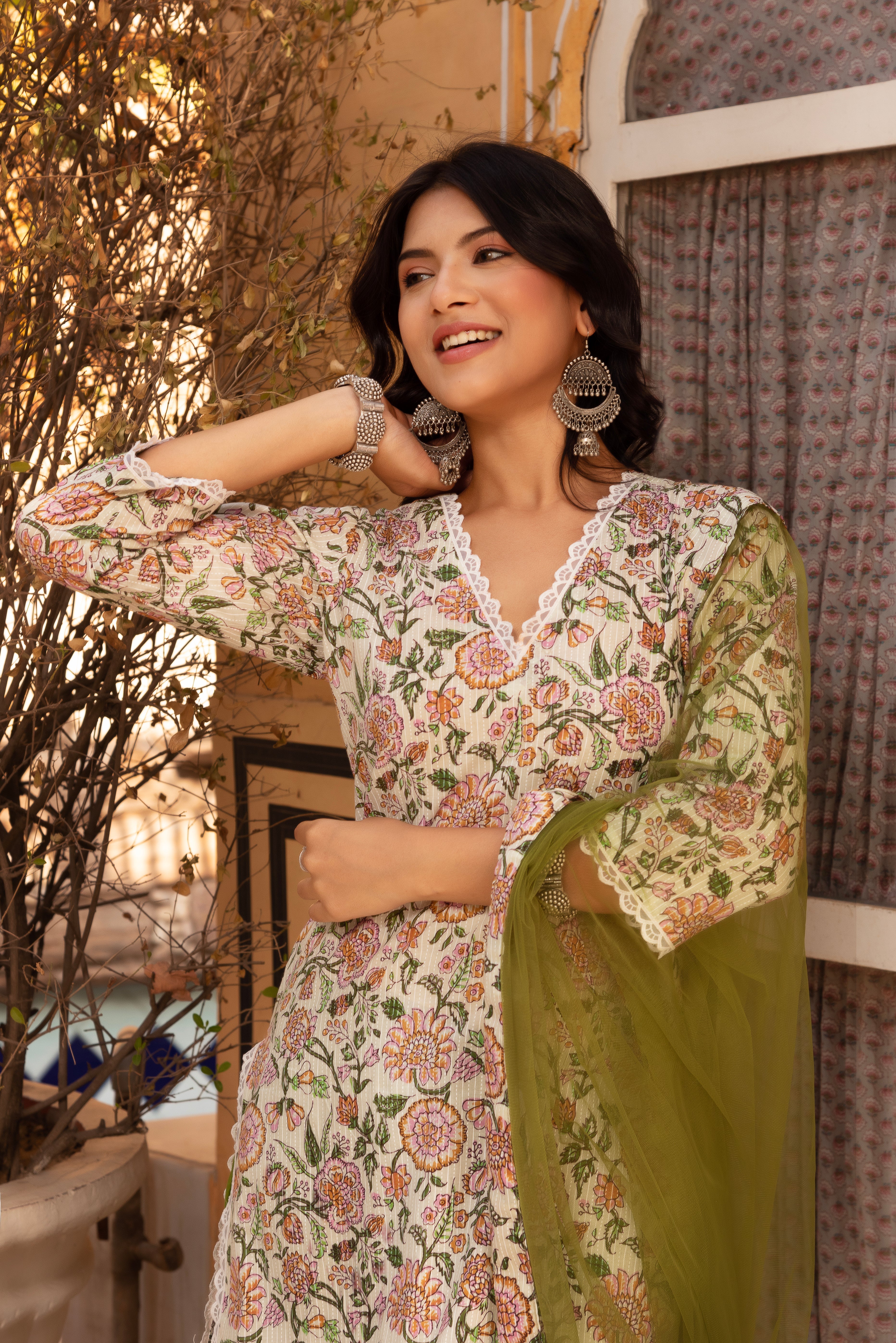 Pomcha Jaipur Gaurangi Floral Print Cotton Green Suit Set