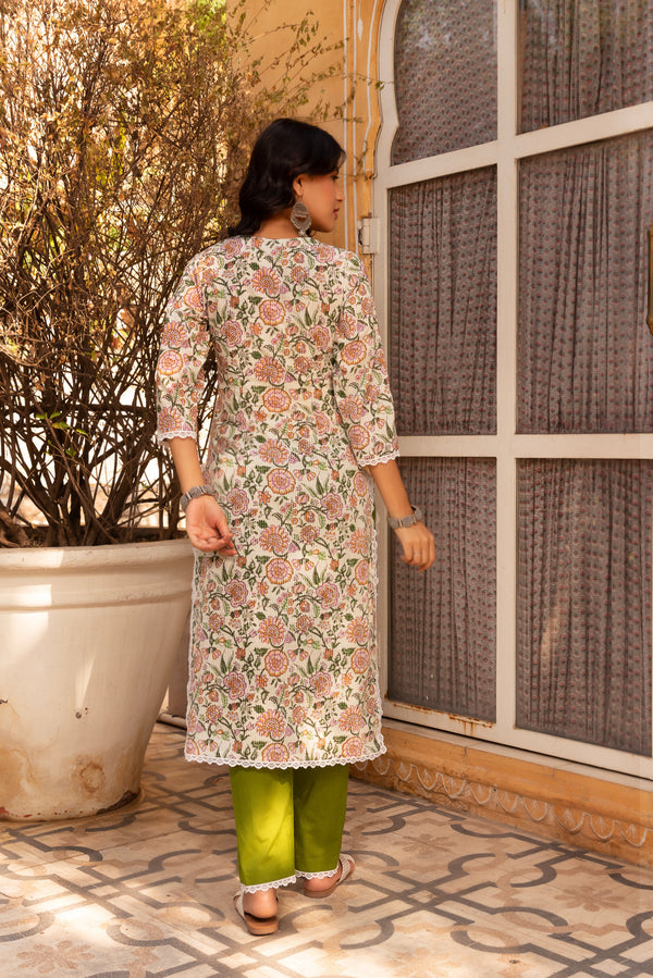 Pomcha Jaipur Gaurangi Floral Print Cotton Green Suit Set