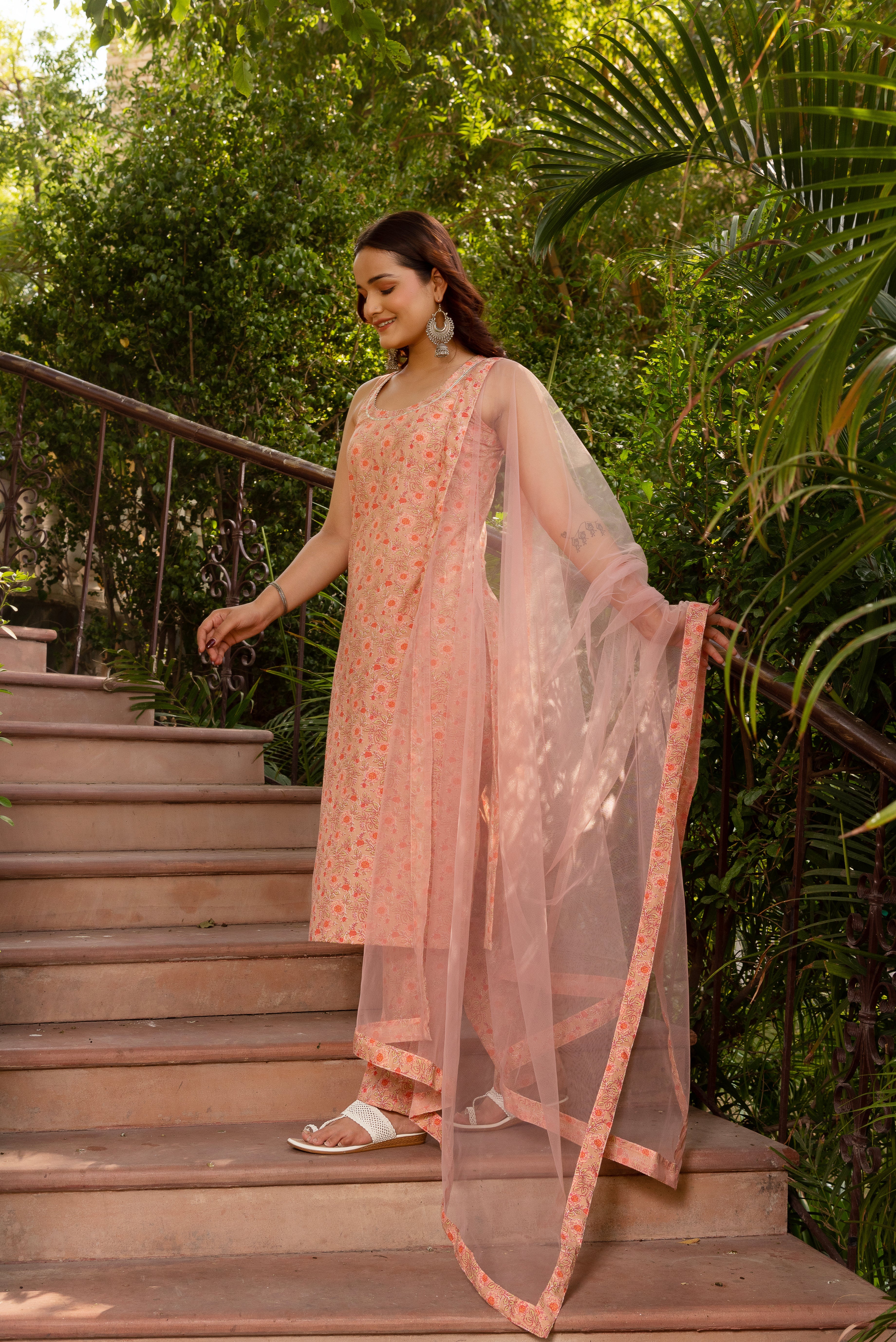 Pomcha Jaipur Gaurangi Peach Half Sleeve Cotton Suit Set