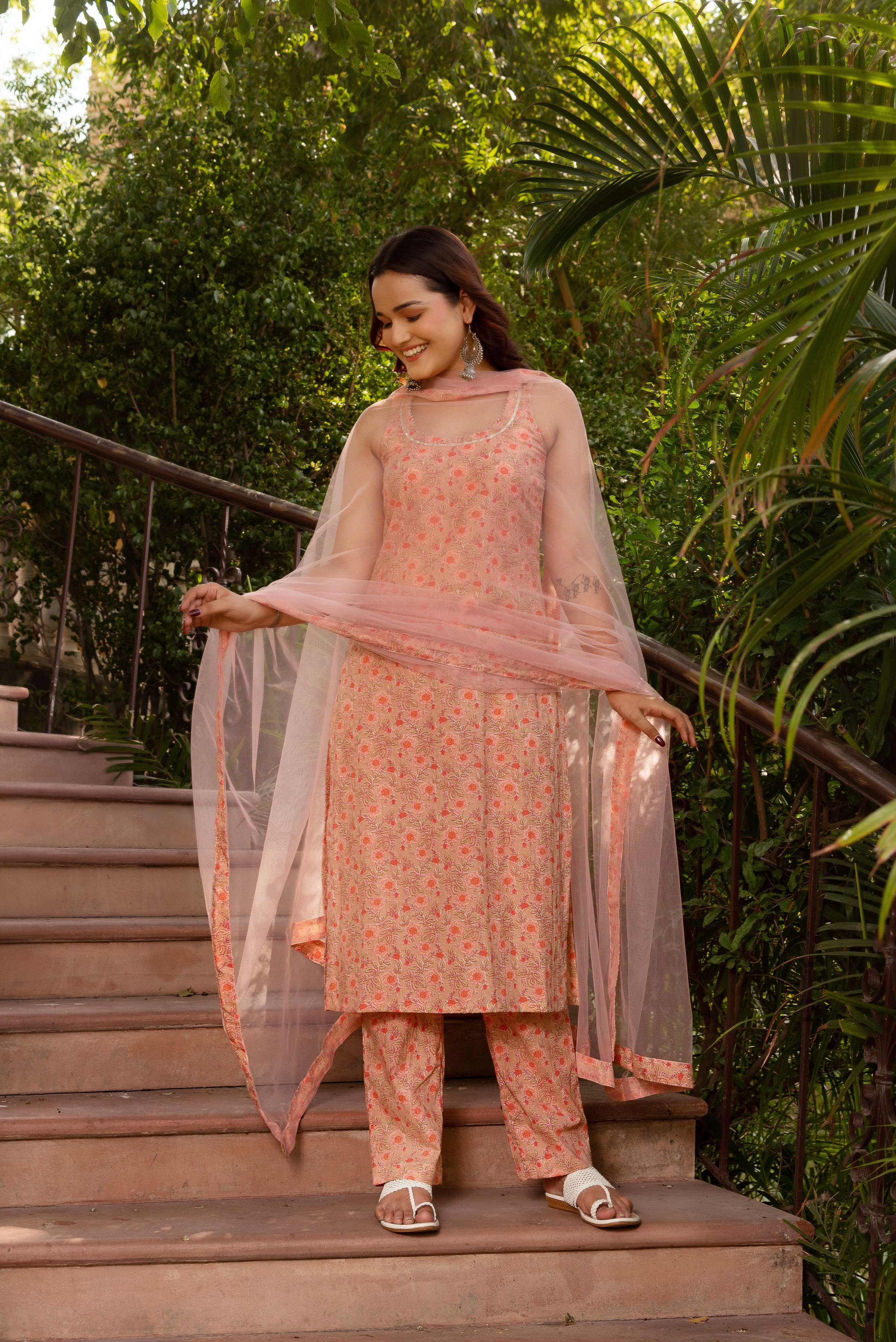 Pomcha Jaipur Gaurangi Peach Half Sleeve Cotton Suit Set - Distacart