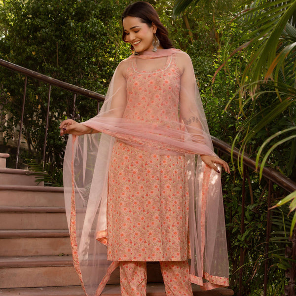 Pomcha Jaipur Gaurangi Peach Half Sleeve Cotton Suit Set - Distacart