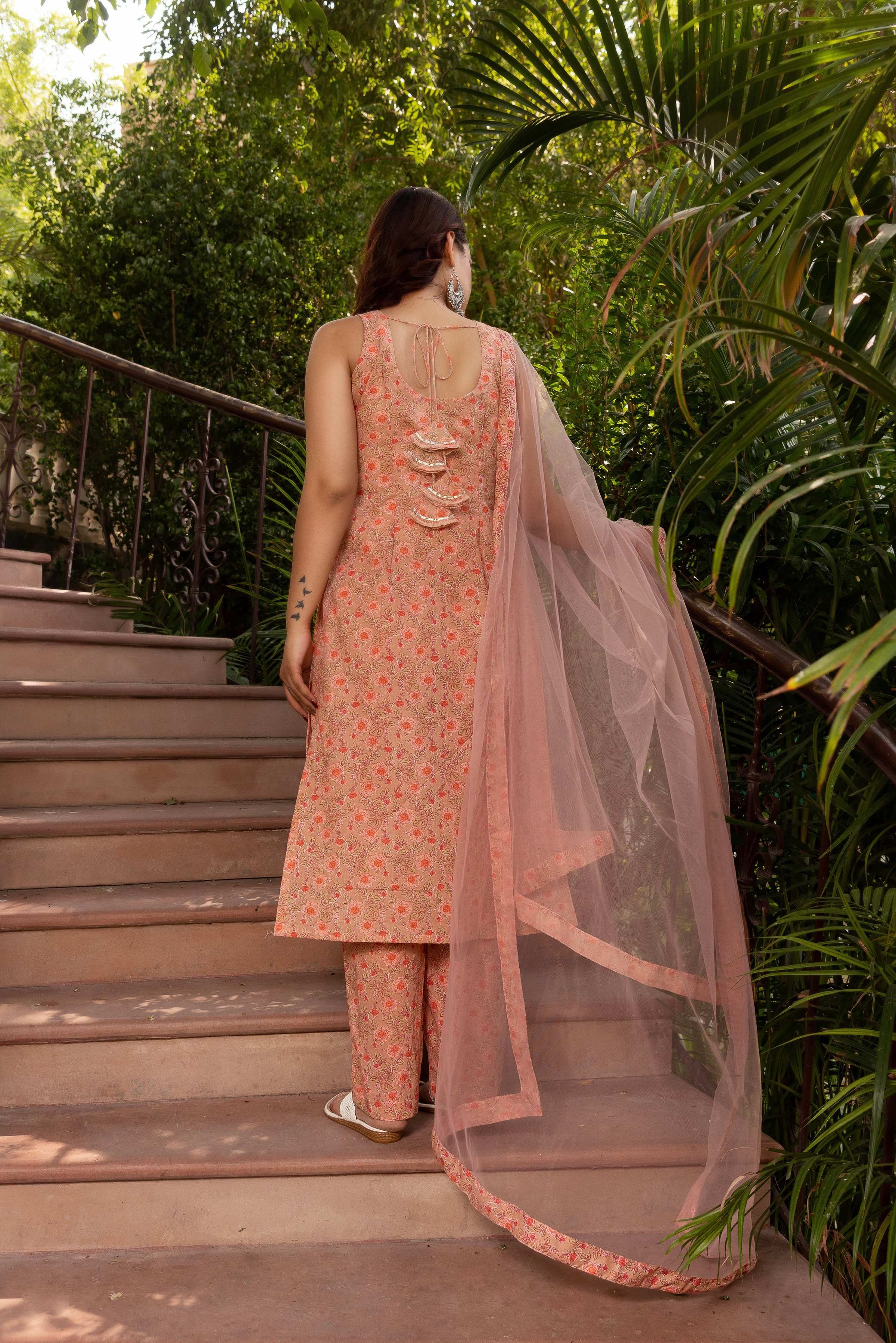 Pomcha Jaipur Gaurangi Peach Half Sleeve Cotton Suit Set - Distacart