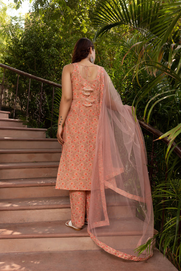 Pomcha Jaipur Gaurangi Peach Half Sleeve Cotton Suit Set