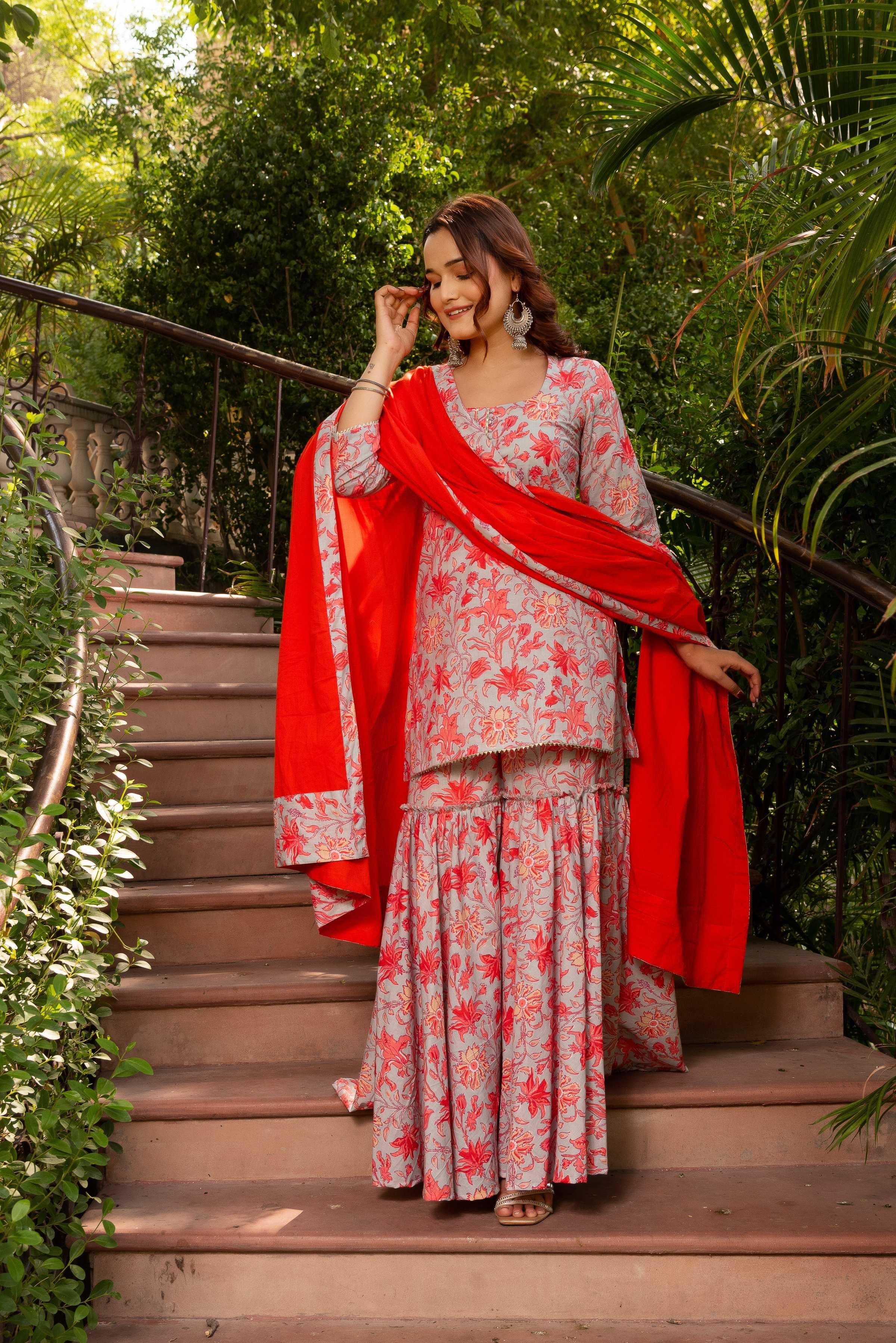 Pomcha Jaipur Gaurangi Powder Blue Floral Print Cotton Sharara Set - Distacart