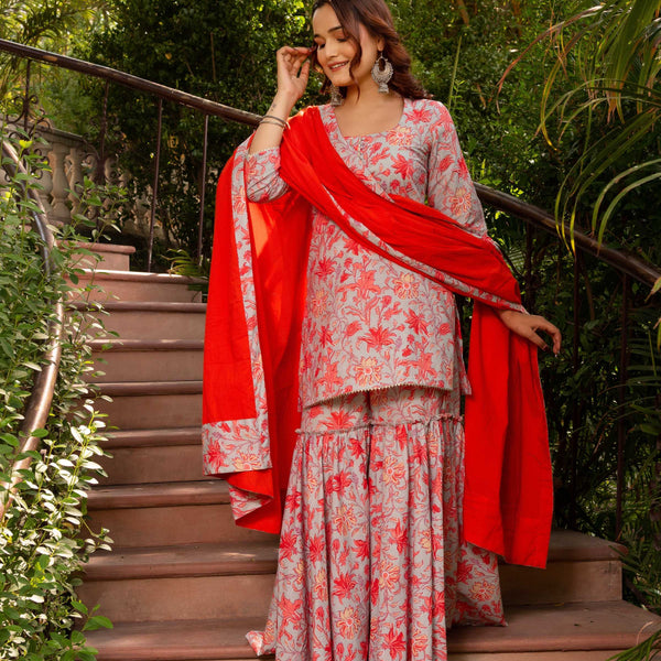 Pomcha Jaipur Gaurangi Powder Blue Floral Print Cotton Sharara Set - Distacart