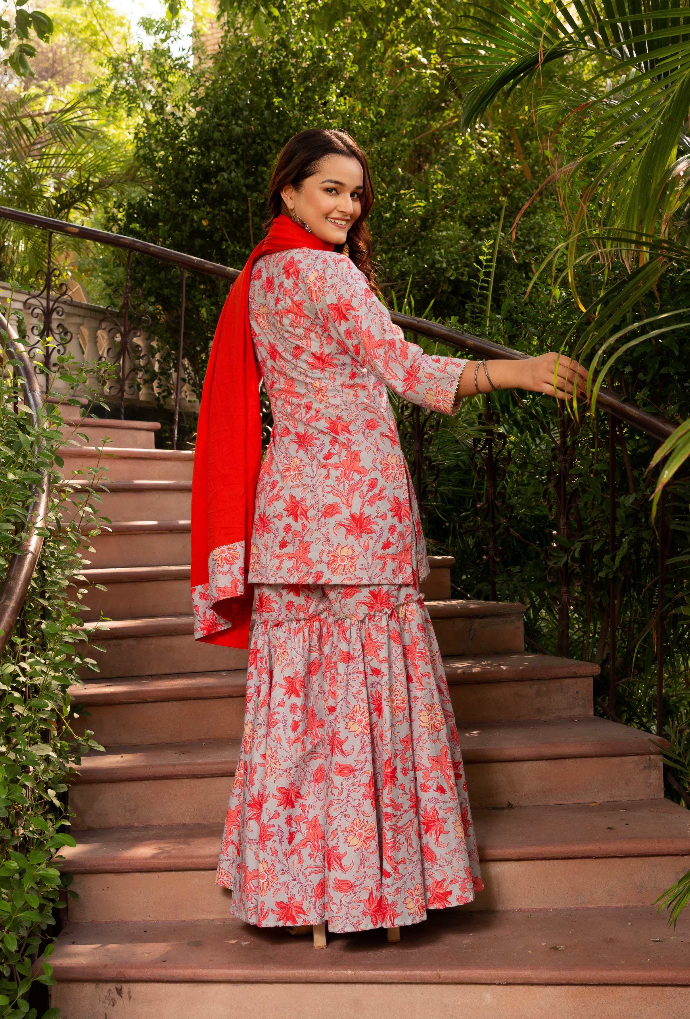 Pomcha Jaipur Gaurangi Powder Blue Floral Print Cotton Sharara Set - Distacart