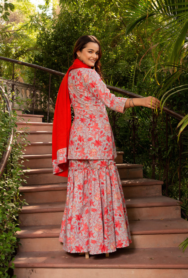 Pomcha Jaipur Gaurangi Powder Blue Floral Print Cotton Sharara Set