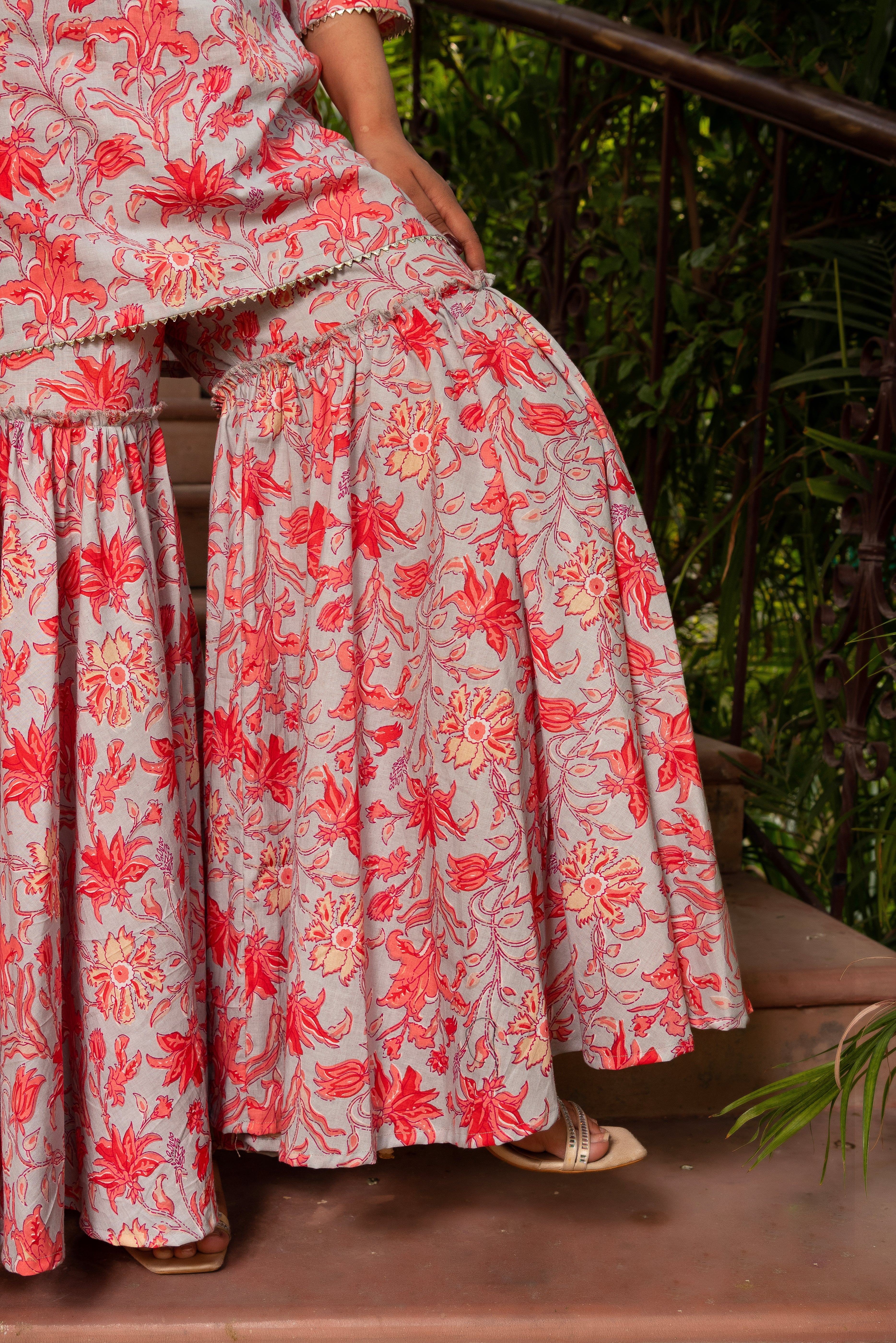 Pomcha Jaipur Gaurangi Powder Blue Floral Print Cotton Sharara Set
