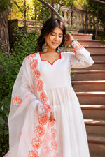 Thumbnail for Pomcha Jaipur Gaurangi Orange Embroidery Cotton White Anarkali Set