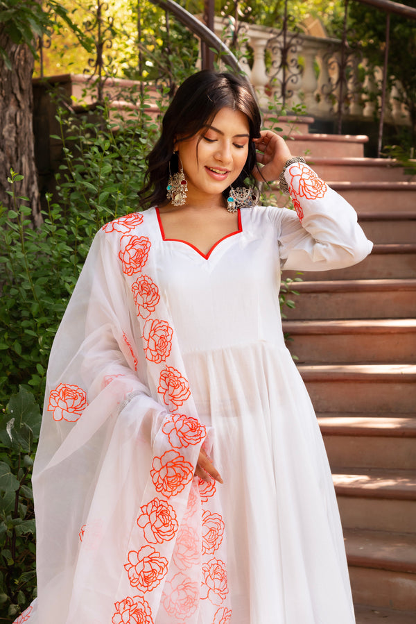 Pomcha Jaipur Gaurangi Orange Embroidery Cotton White Anarkali Set