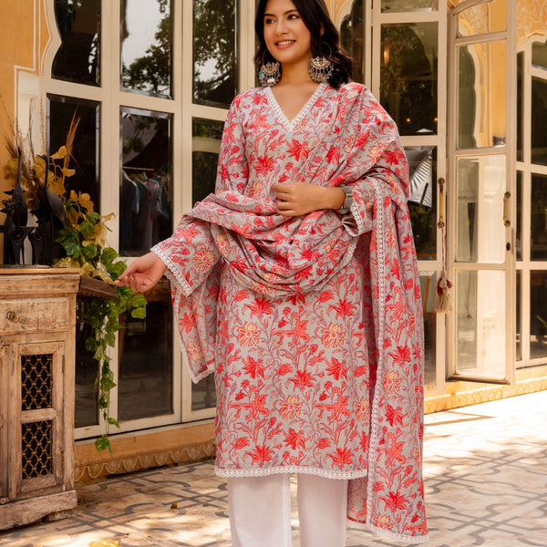 Pomcha Jaipur Gaurangi Powder Blue Floral Print Cotton Suit Set - Distacart