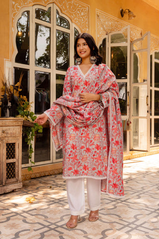 Pomcha Jaipur Gaurangi Powder Blue Floral Print Cotton Suit Set - Distacart