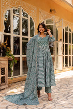 Thumbnail for Pomcha Jaipur Gaurangi Dusty Blue Bandhej Leheriya Cotton Anarkali Set