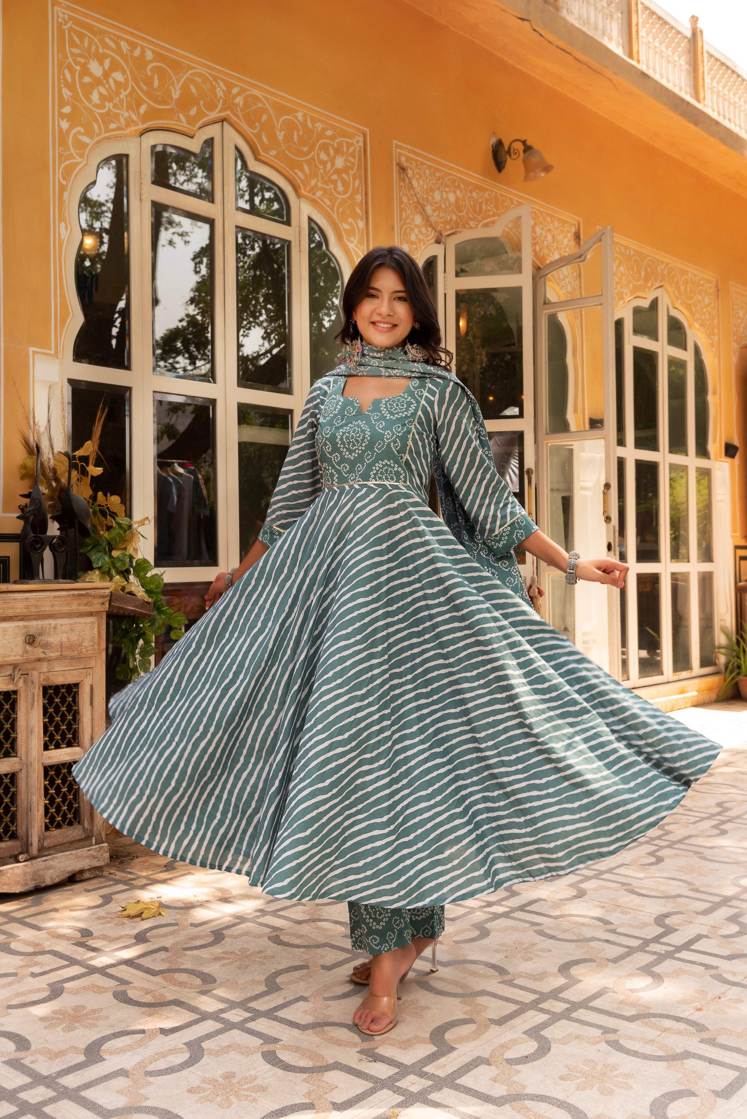 Pomcha Jaipur Gaurangi Dusty Blue Bandhej Leheriya Cotton Anarkali Set - Distacart