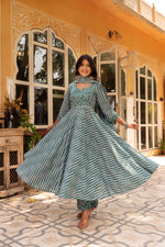 Thumbnail for Pomcha Jaipur Gaurangi Dusty Blue Bandhej Leheriya Cotton Anarkali Set