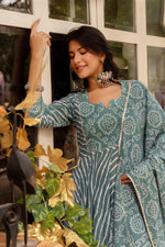 Thumbnail for Pomcha Jaipur Gaurangi Dusty Blue Bandhej Leheriya Cotton Anarkali Set