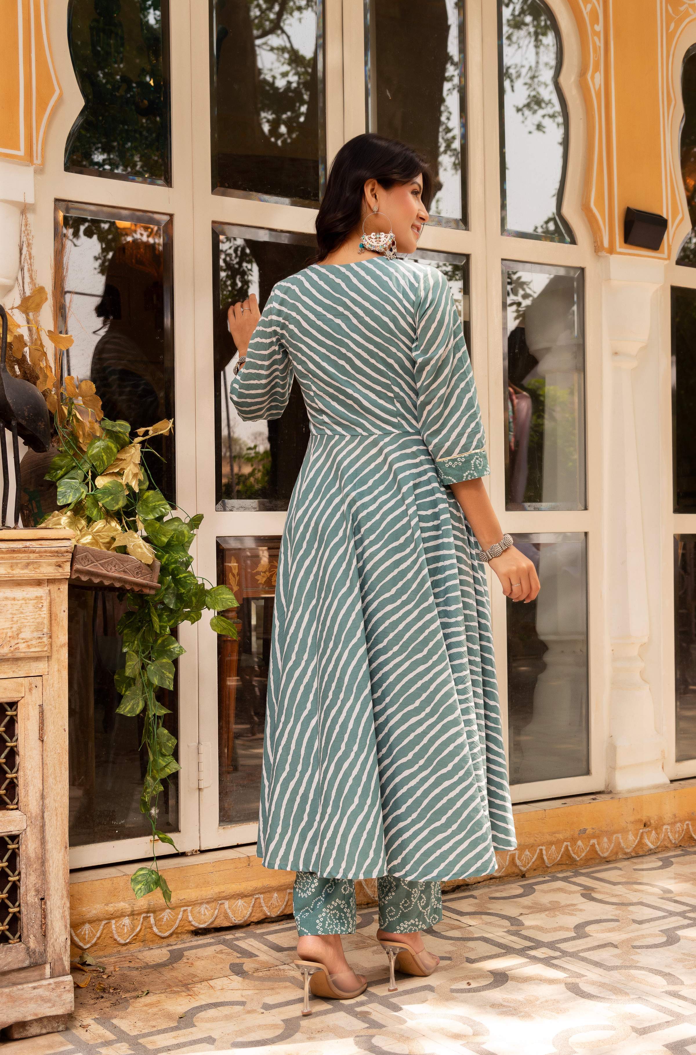 Pomcha Jaipur Gaurangi Dusty Blue Bandhej Leheriya Cotton Anarkali Set - Distacart