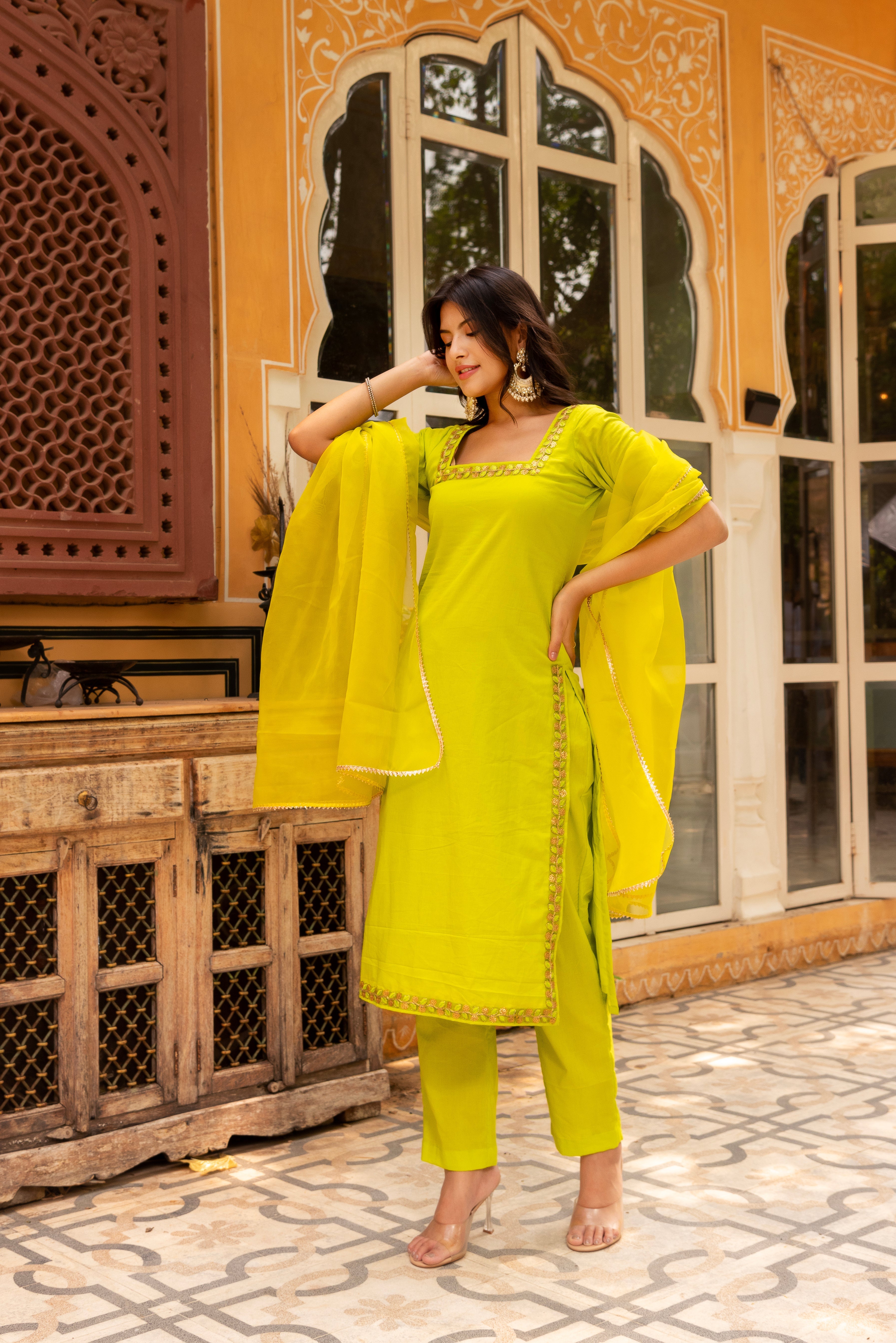 Pomcha Jaipur Gaurangi Green Embroidery Suit Set