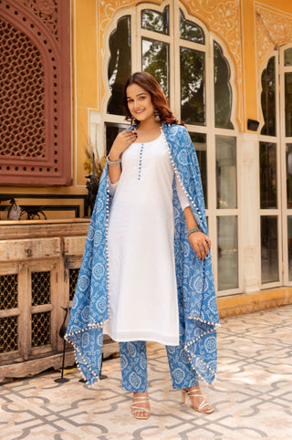 Pomcha Jaipur Gaurangi White Cotton Bandhej Suit Set - Distacart