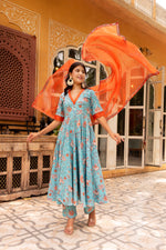 Thumbnail for Pomcha Jaipur Gaurangi Blue Orange Cotton Floral Anarkali Set
