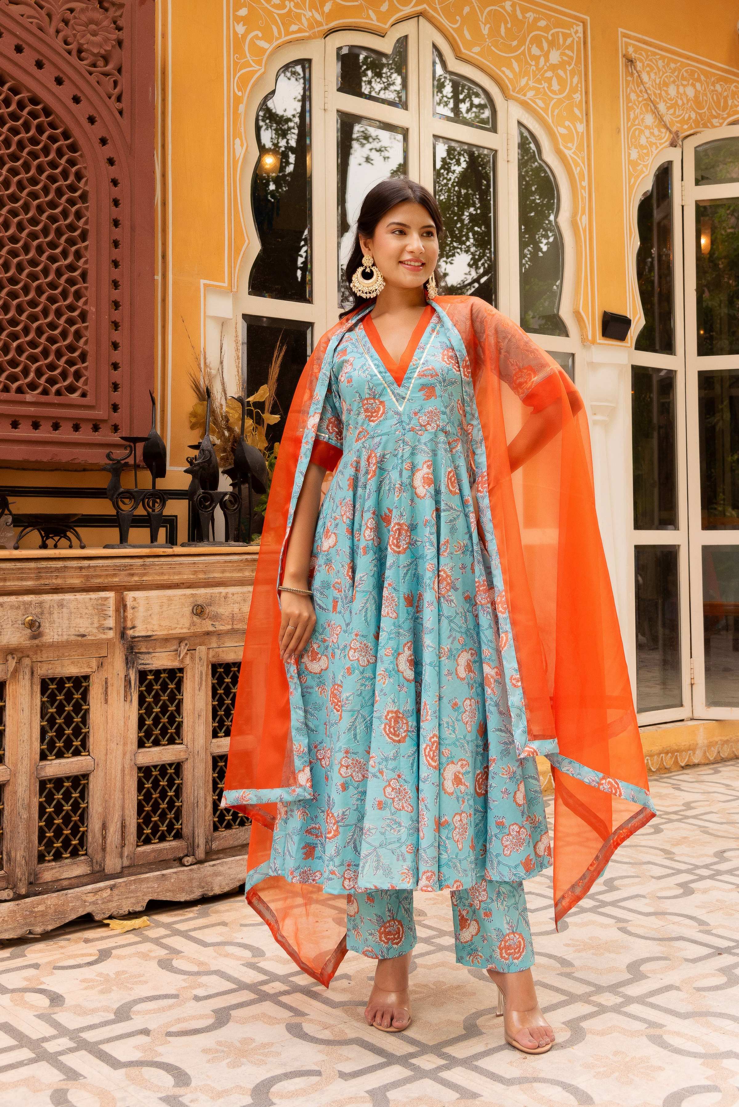 Pomcha Jaipur Gaurangi Blue Orange Cotton Floral Anarkali Set - Distacart