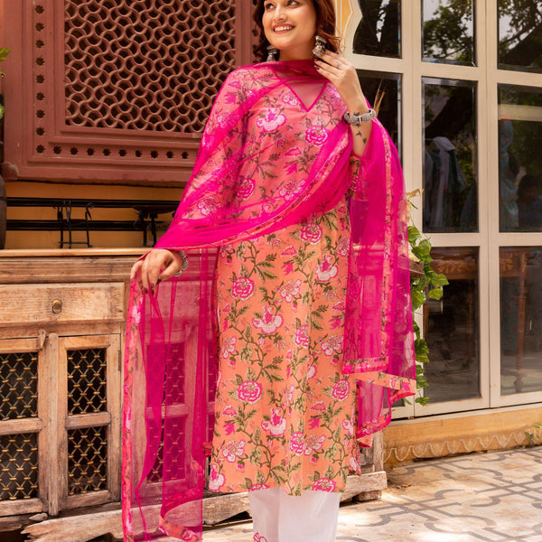 Pomcha Jaipur Gaurangi Peach Pink Cotton Print Suit Set - Distacart