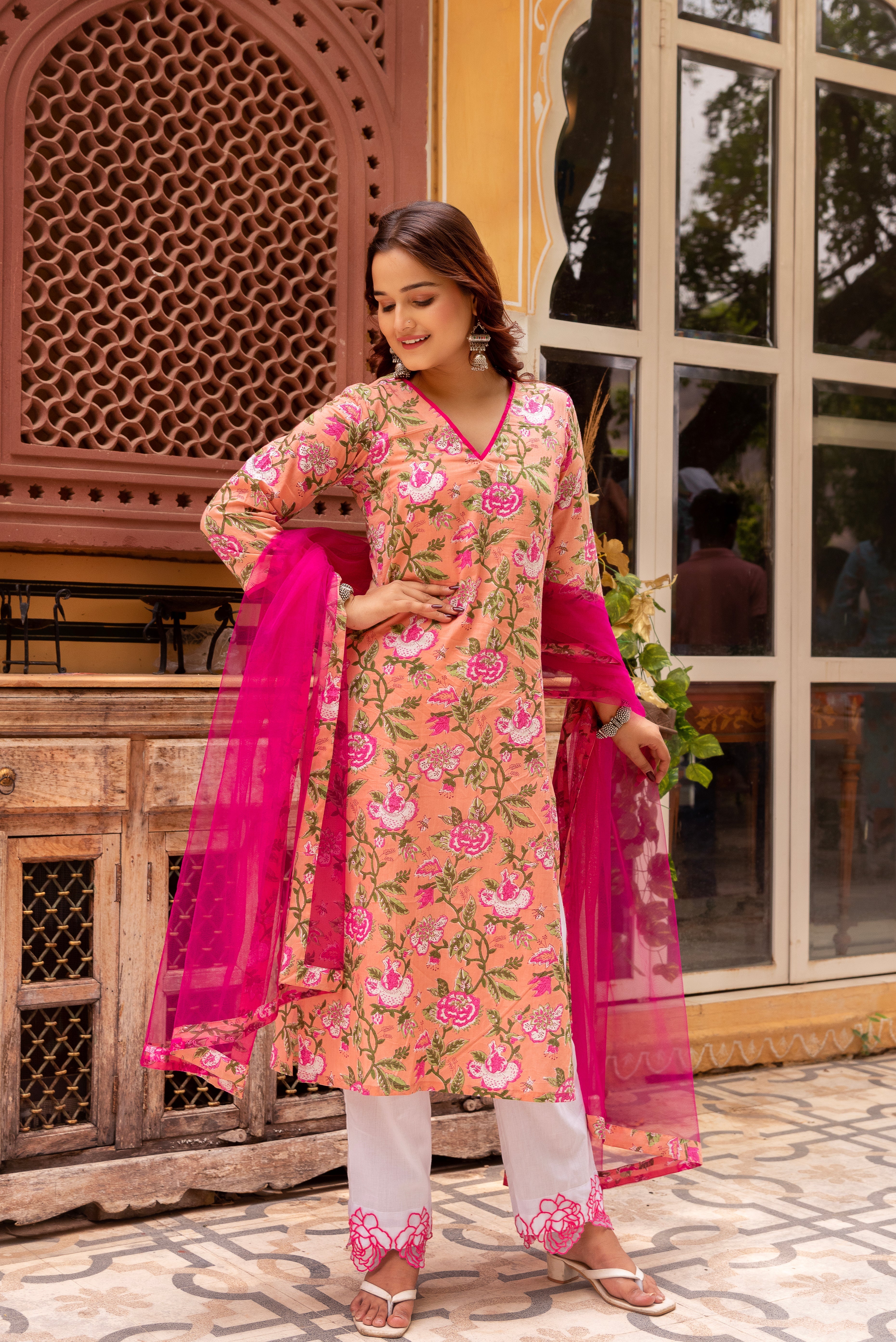 Pomcha Jaipur Gaurangi Peach Pink Cotton Print Suit Set