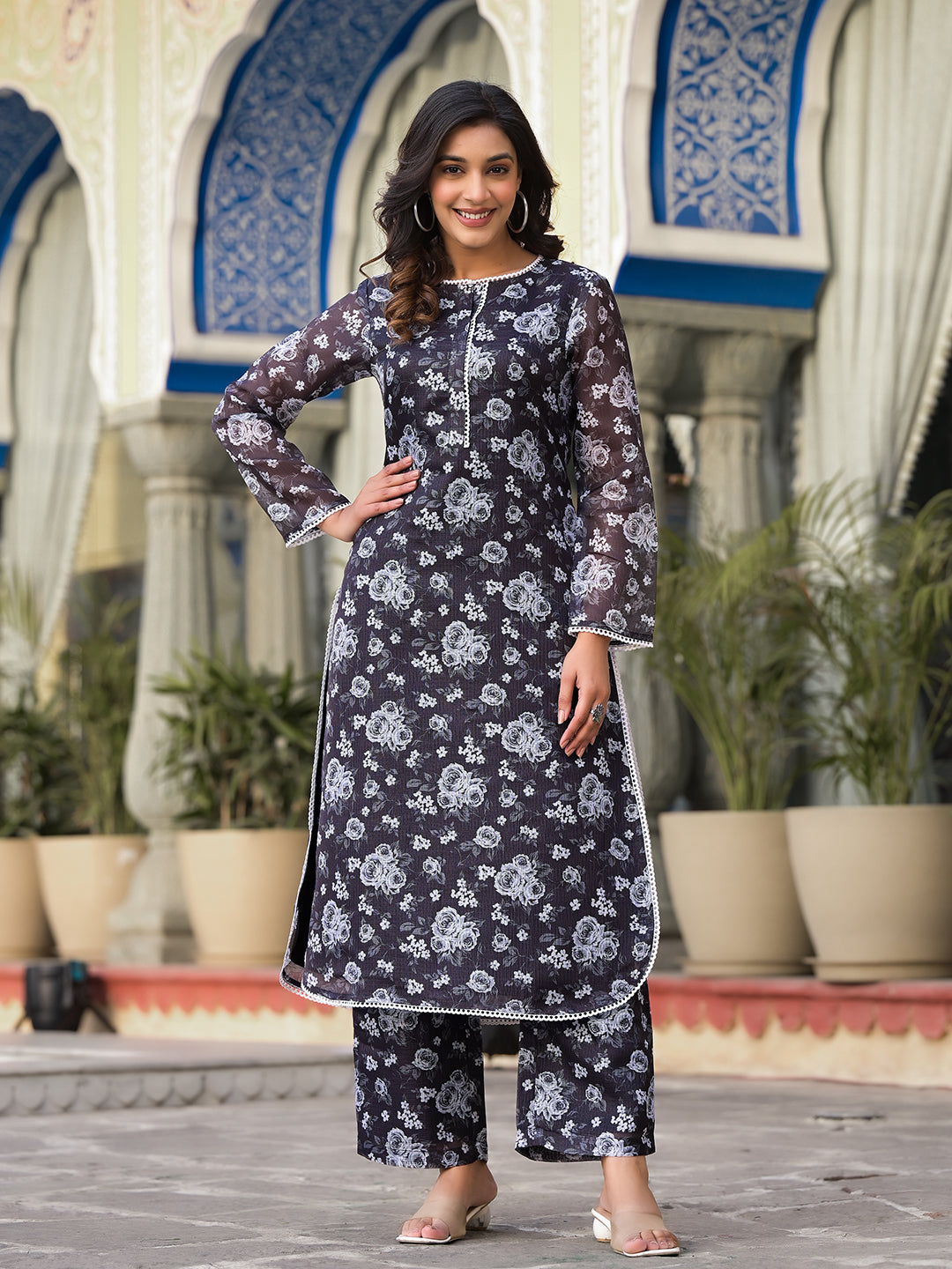 Varanga Women Black Kota Check Floral Printed Kurta With Bottom - Distacart