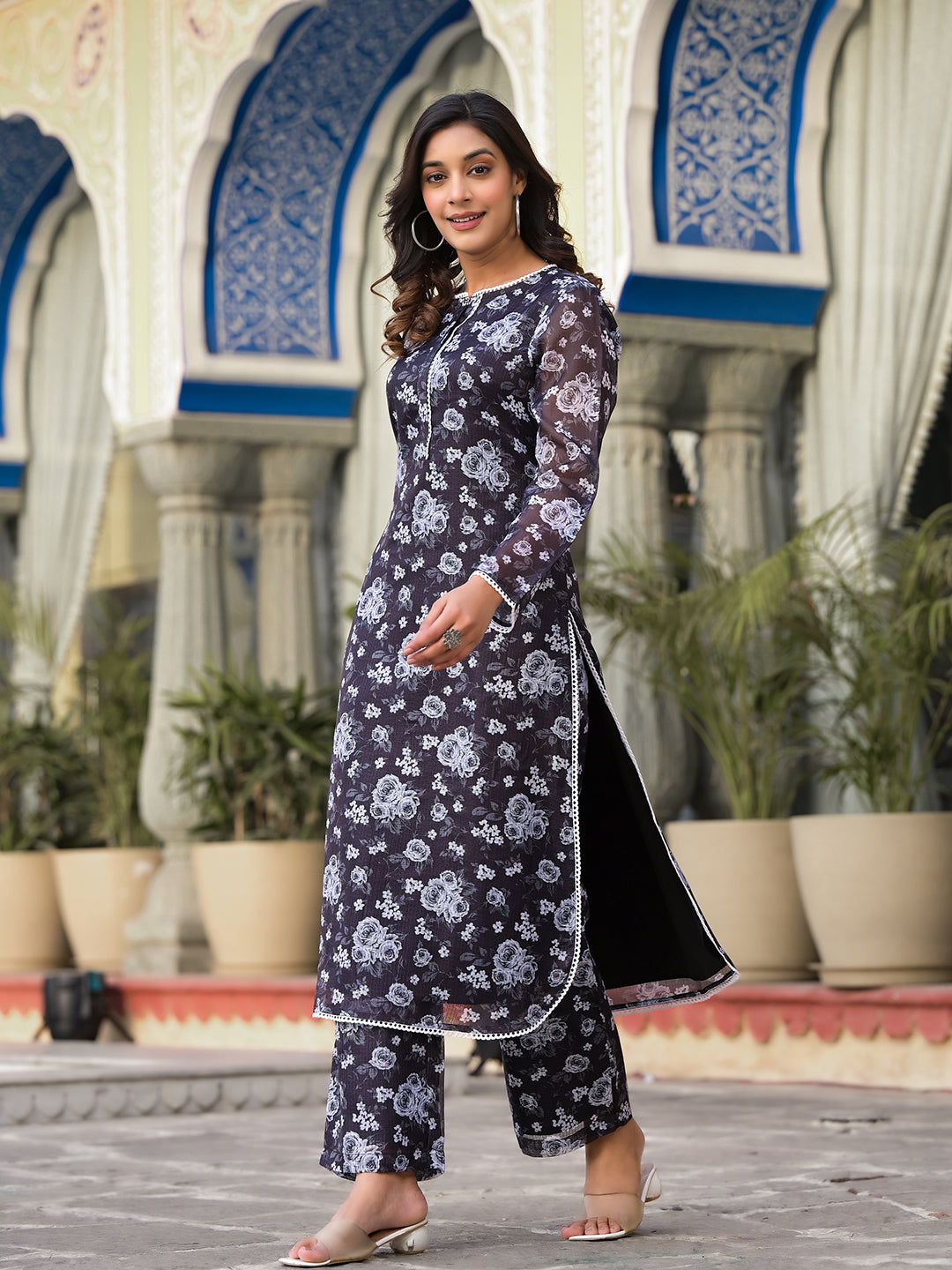 Varanga Women Black Kota Check Floral Printed Kurta With Bottom - Distacart