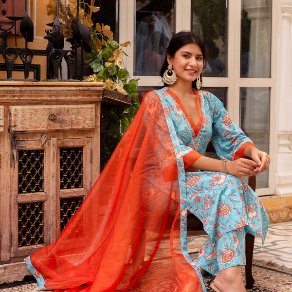 Pomcha Jaipur Gaurangi Blue Orange Cotton Floral Print Suit Set - Distacart