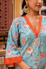 Thumbnail for Pomcha Jaipur Gaurangi Blue Orange Cotton Floral Print Suit Set