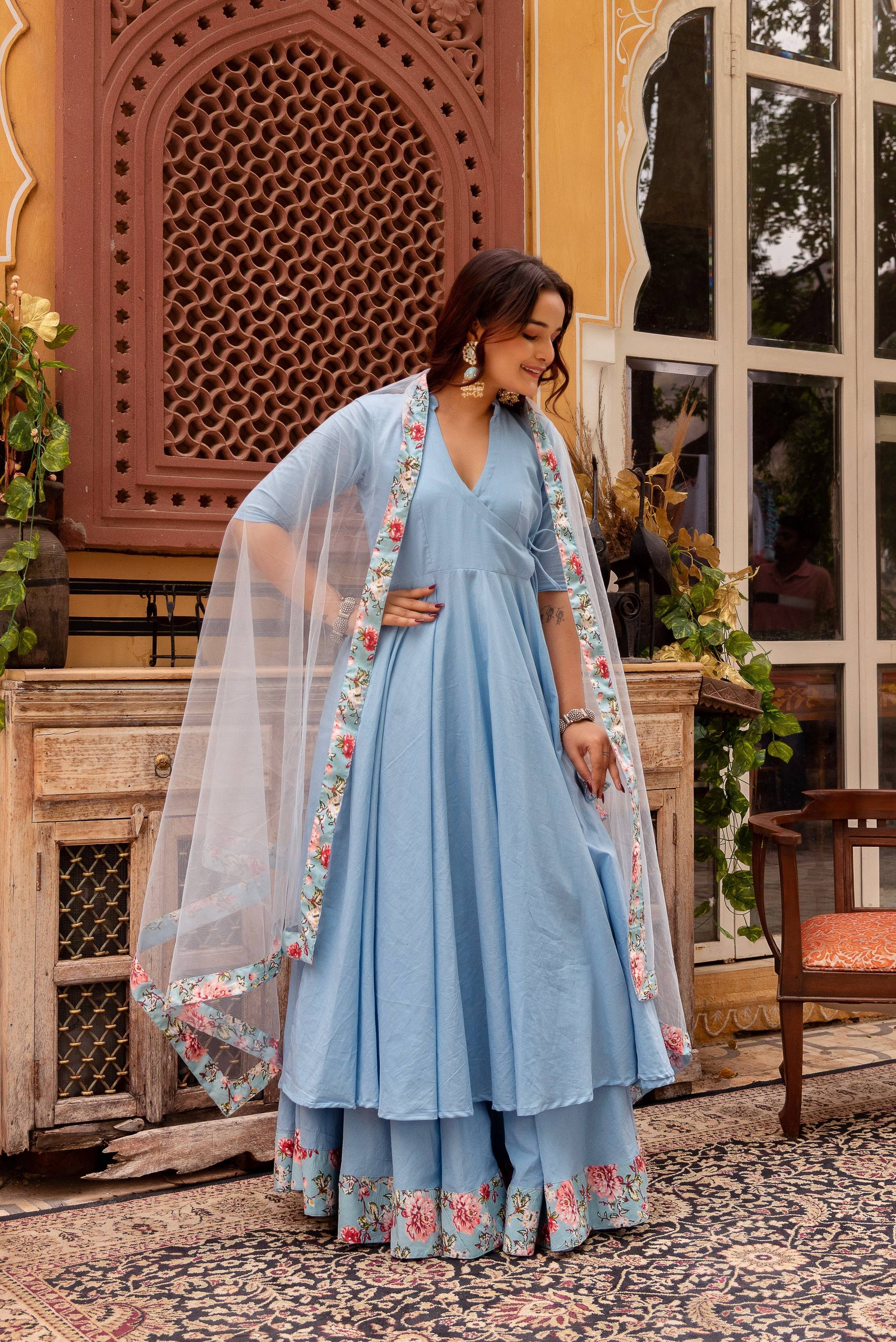 Pomcha Jaipur Gaurangi Powder Blue Cotton Skirt And Angrakha Set - Distacart