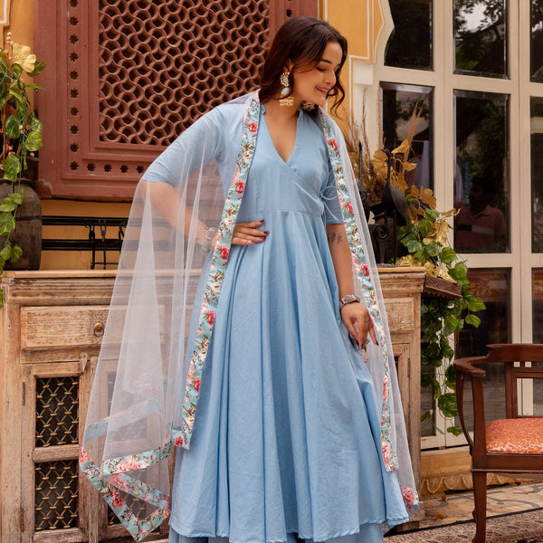 Pomcha Jaipur Gaurangi Powder Blue Cotton Skirt And Angrakha Set - Distacart