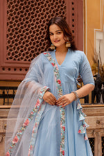 Thumbnail for Pomcha Jaipur Gaurangi Powder Blue Cotton Skirt And Angrakha Set
